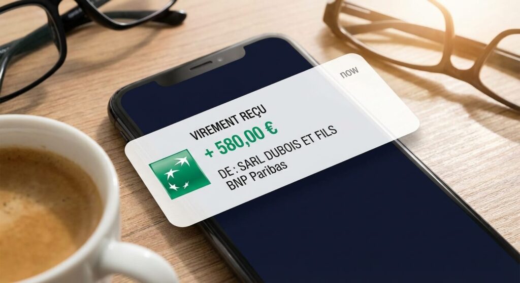 Notification de virement bancaire reçu avec un libellé d'entreprise