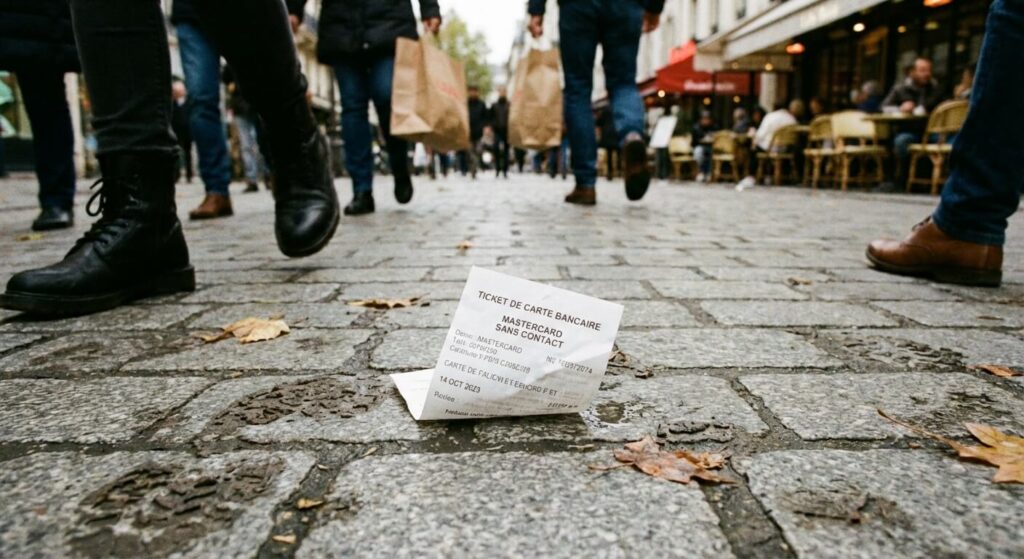 Ticket de carte bancaire égaré sur le sol d'une rue passante