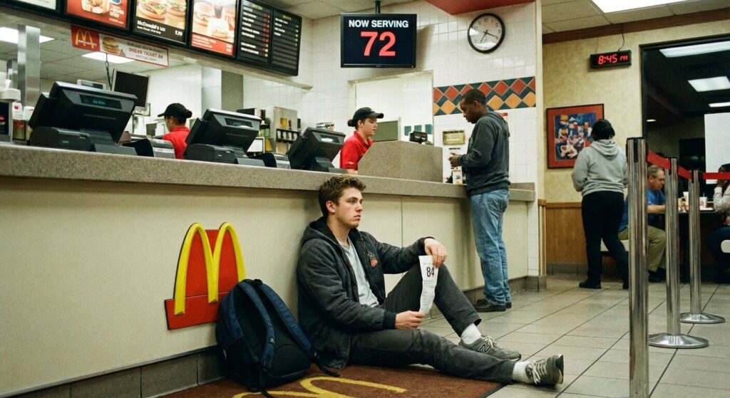 Client patientant longuement avec son ticket de commande au comptoir d'un restaurant McDonald's