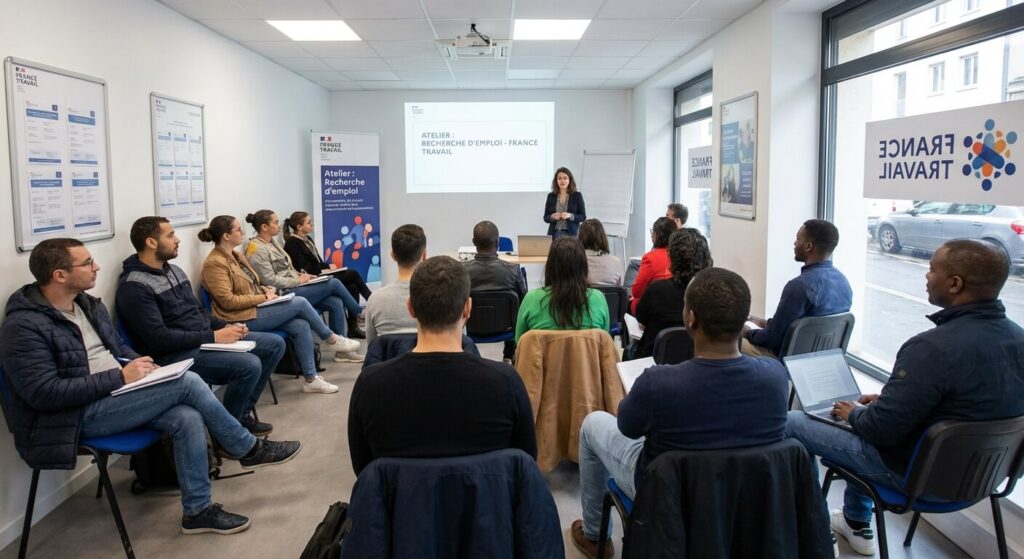 Groupe de demandeurs d'emploi assistant à une présentation dans une agence France Travail