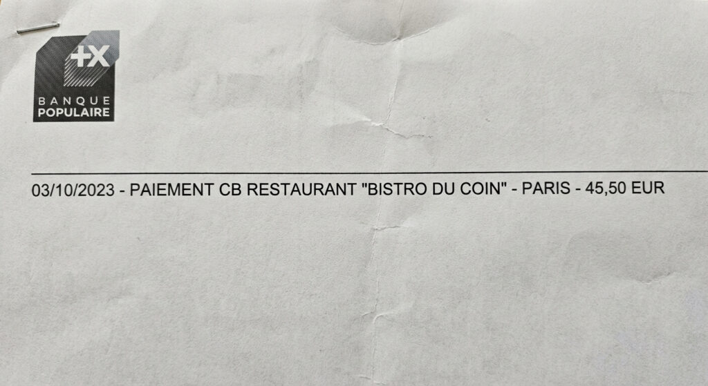 Ligne de relevé de compte bancaire affichant un paiement lié à des services de restauration