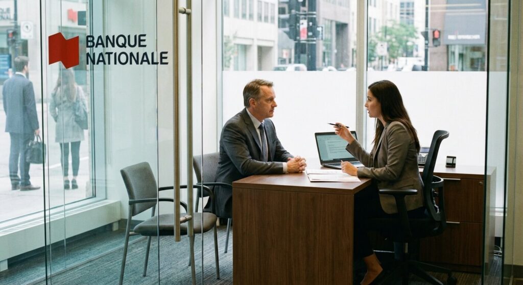 Client en entretien formel avec son conseiller financier dans une agence bancaire