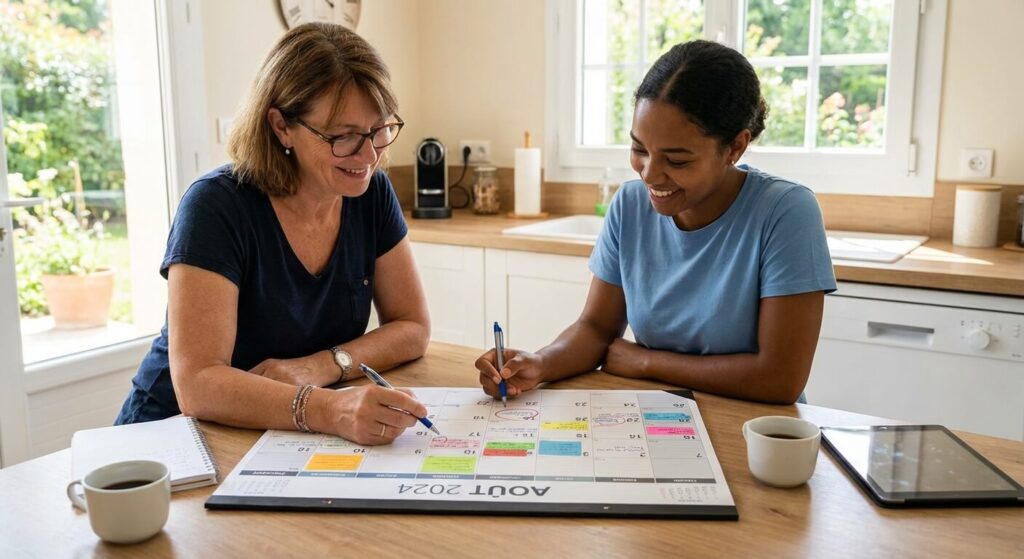 Employeur et femme de ménage planifiant les dates de vacances sur un calendrier