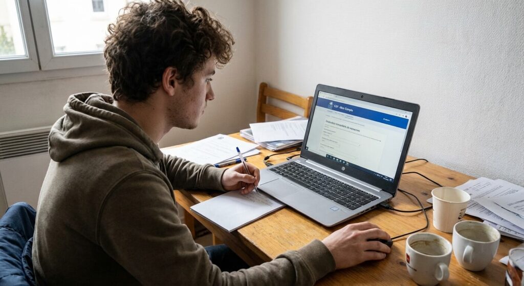 Jeune étudiant en BTS alternance remplissant sa déclaration de situation sur le site de la CAF