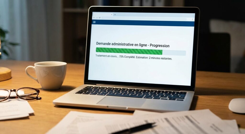 Écran d'ordinateur affichant la barre de progression d'une demande administrative en ligne