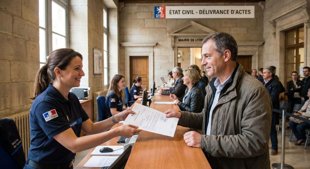 Agent d'état civil remettant un document officiel à un citoyen au guichet d'une mairie