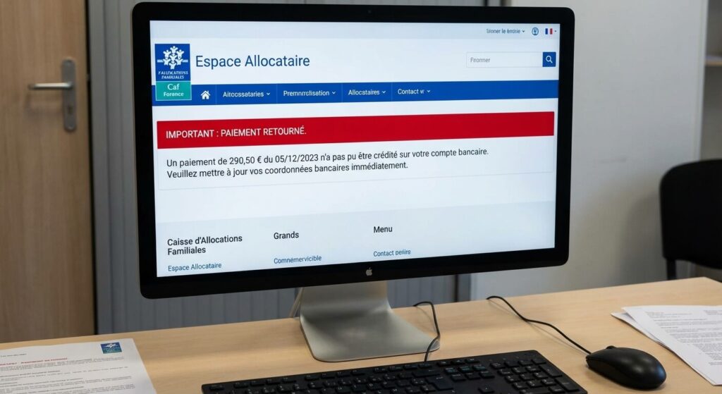Écran de l'espace allocataire de la CAF affichant une alerte de paiement retourné