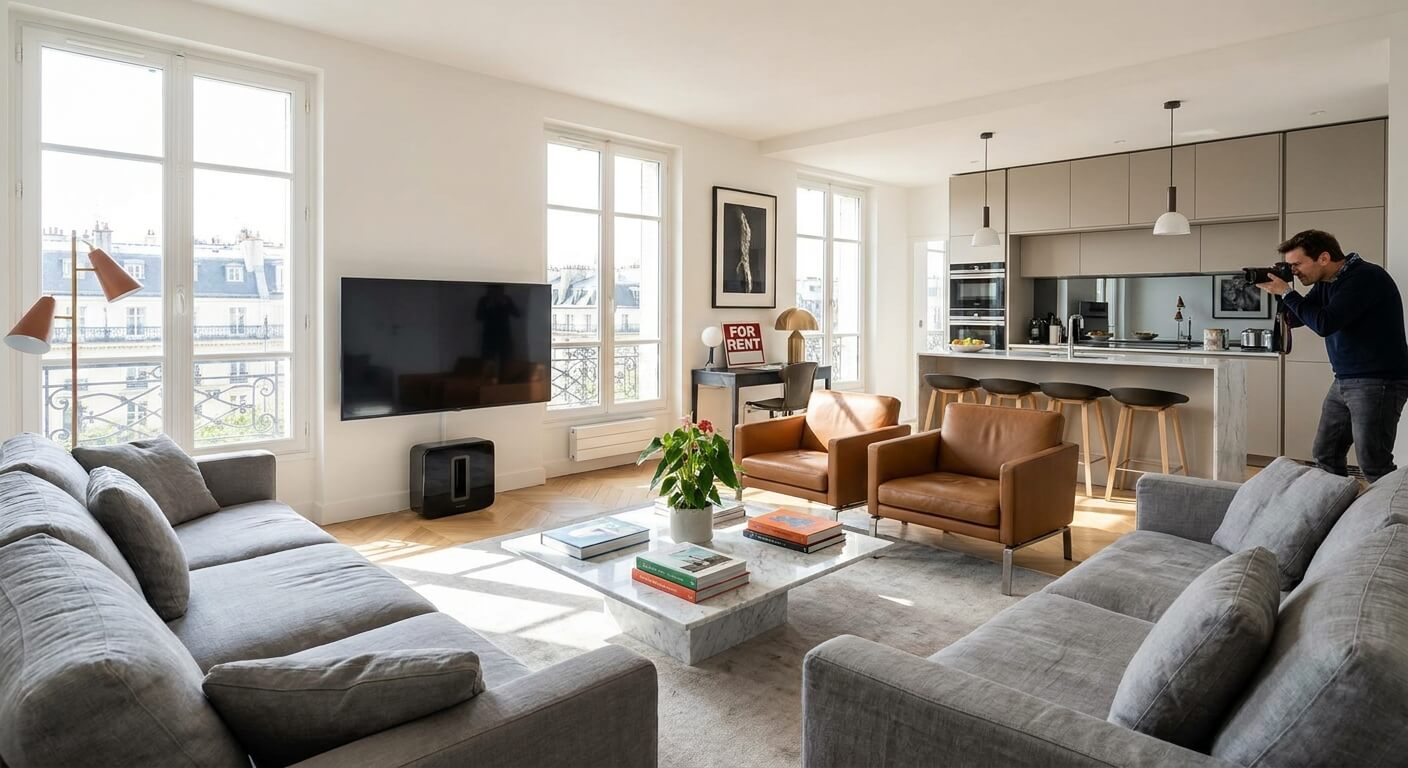 Un salon moderne et entièrement équipé dans un appartement meublé destiné à la location immobilière.