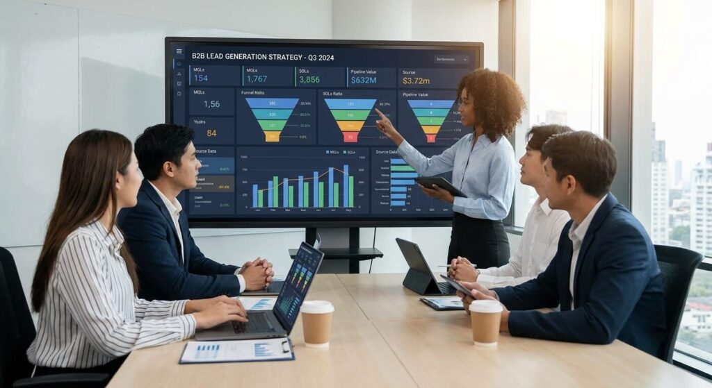 Une équipe de professionnels analysant une stratégie de génération de leads B2B sur un tableau de bord numérique.