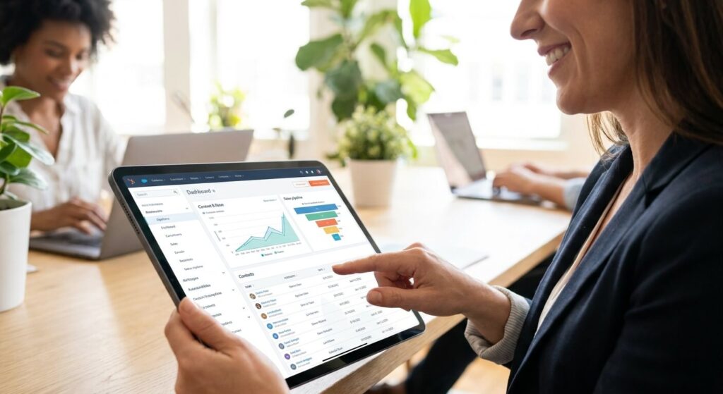 Utilisation d'un logiciel CRM standard du marché accessible sur tablette pour une gestion commerciale simplifiée.