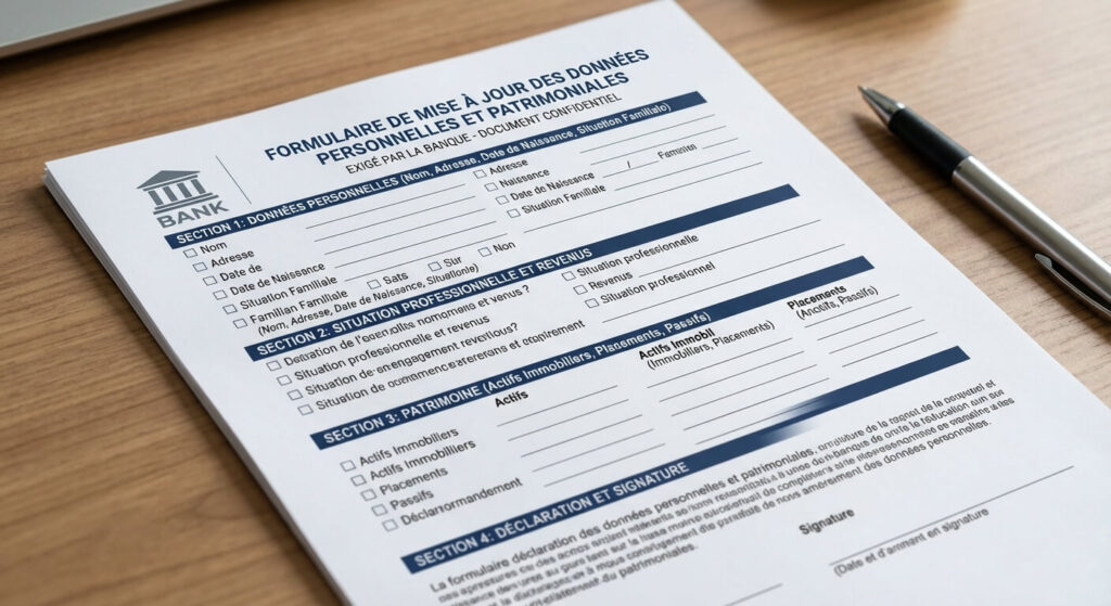 Formulaire de mise à jour des données personnelles et patrimoniales exigé par la banque