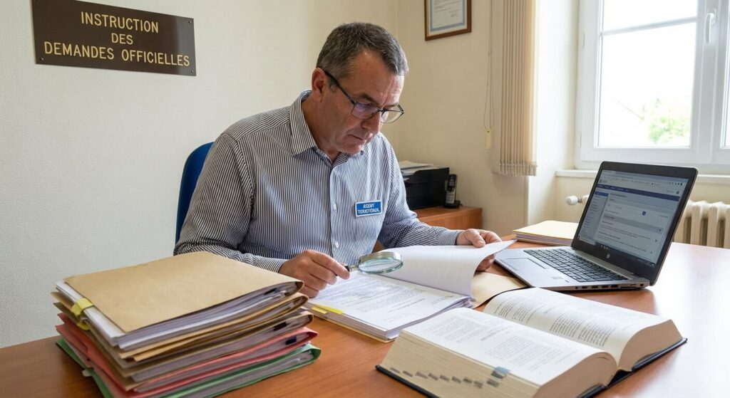 Agent territorial analysant des documents juridiques pour l'instruction d'une demande officielle
