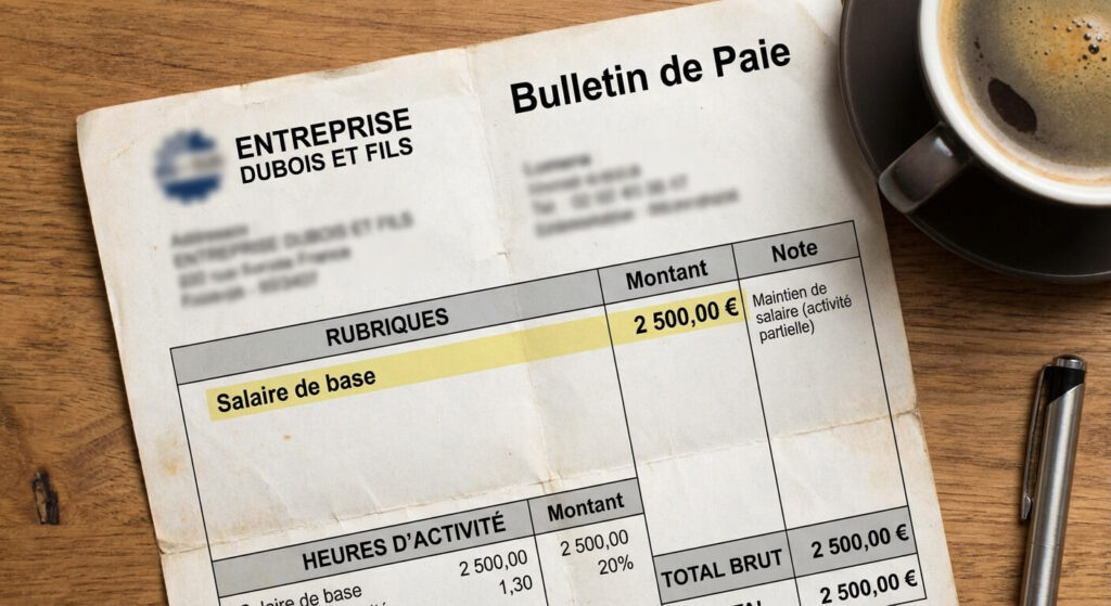 Gros plan sur une fiche de paie montrant le salaire de base maintenu malgré une baisse d'activité