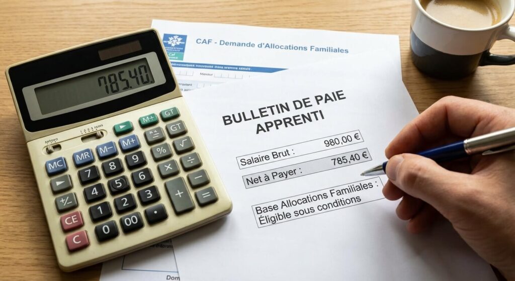 Calculatrice et fiche de paie d'un apprenti servant à déterminer l'éligibilité aux allocations familiales