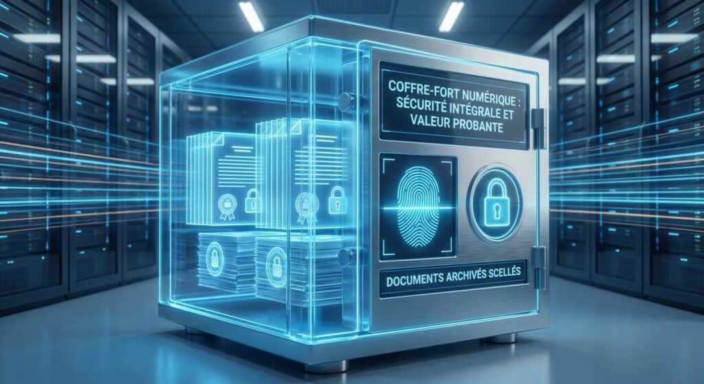 Représentation d'un coffre-fort numérique symbolisant la sécurité et l'intégrité des documents archivés à valeur probante.