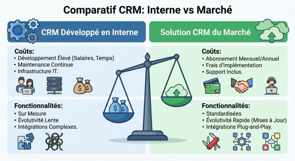 Infographie comparant les coûts et fonctionnalités d'un CRM développé en interne face à une solution du marché.
