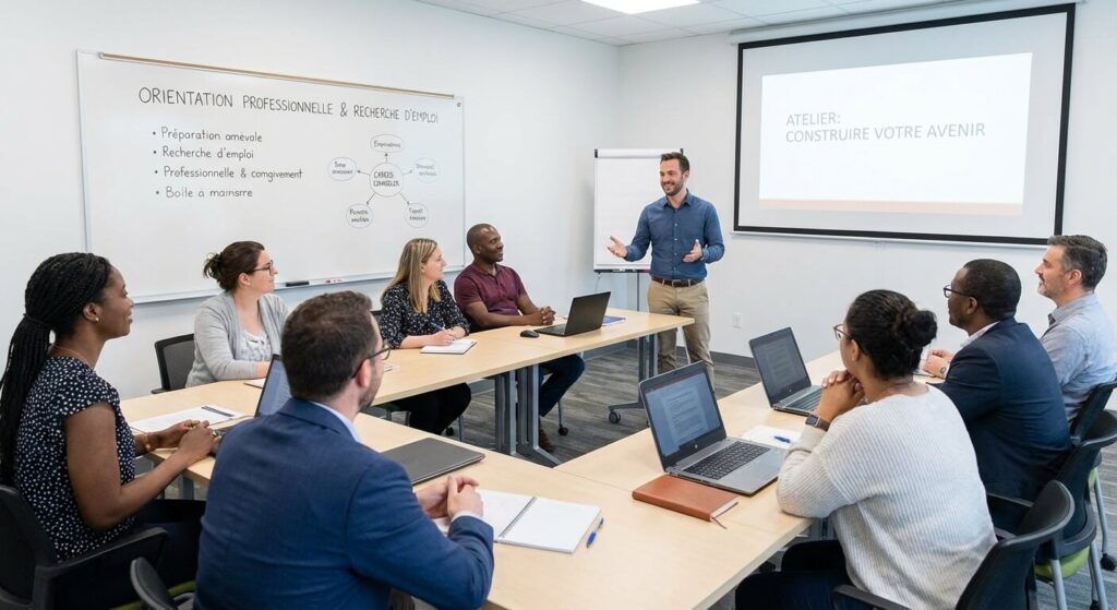 Conseiller animant un atelier d'orientation professionnelle et d'aide à la recherche d'emploi