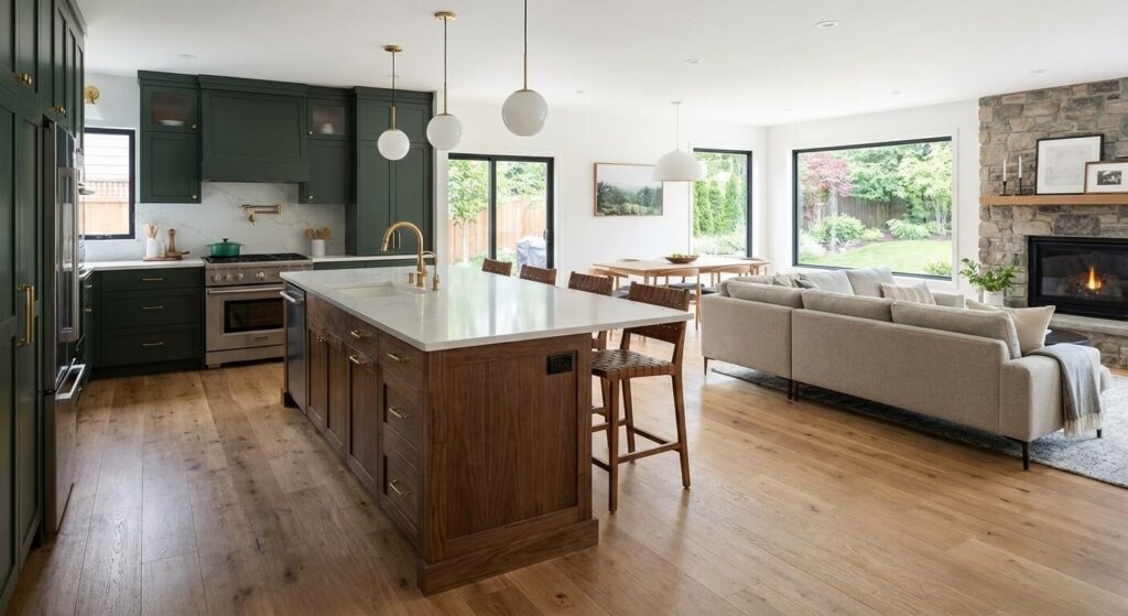 Cuisine ouverte sur salon avec îlot central, exemple d'aménagement intérieur