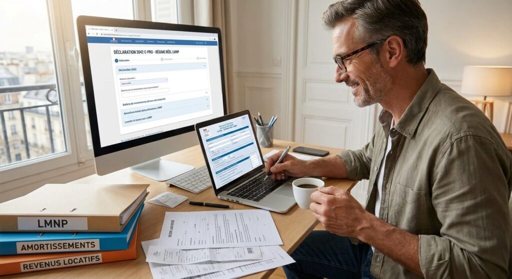 Un investisseur remplissant sa déclaration de revenus locatifs pour bénéficier des avantages fiscaux du statut LMNP.