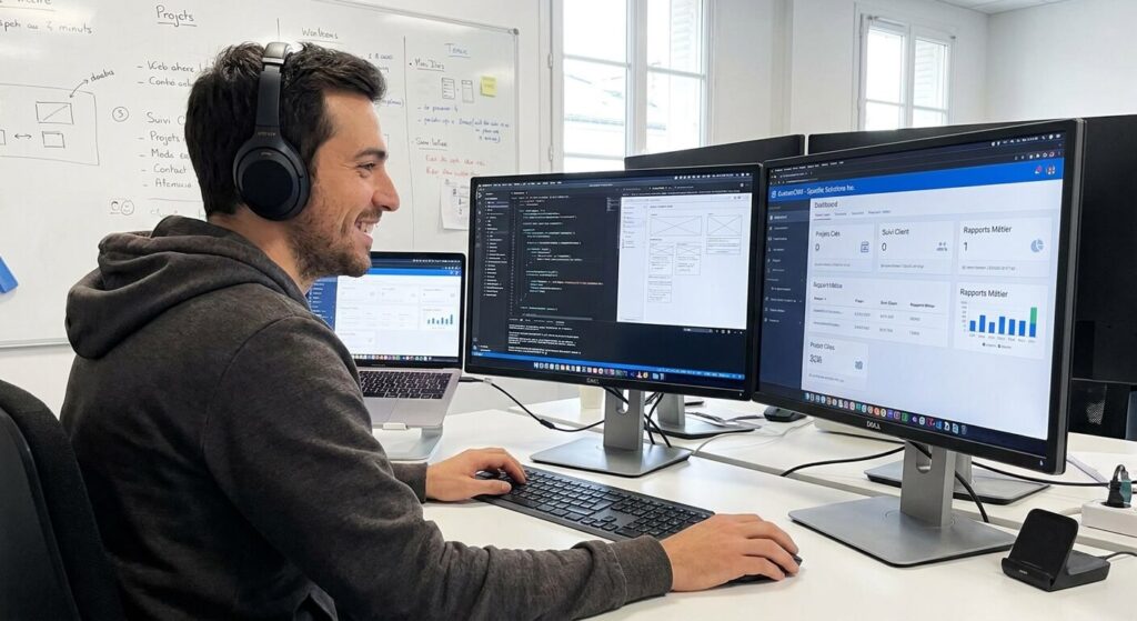Un développeur travaillant sur l'interface personnalisée d'un CRM maison adapté aux besoins spécifiques d'une entreprise.