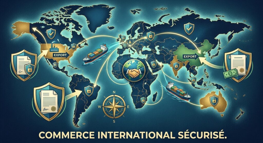 Carte du monde symbolisant l'exportation et la sécurisation des créances commerciales internationales.