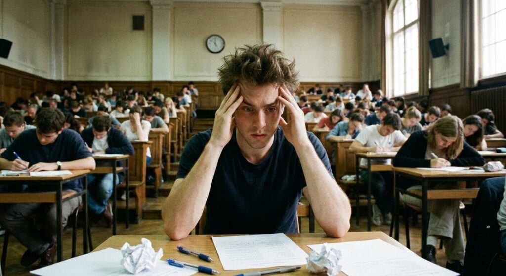 Statut défaillant à l'université : Conséquences sur vos examens et la bourse 3 Étudiant inquiet dans un amphithéâtre lors d'une session de partiels à la faculté