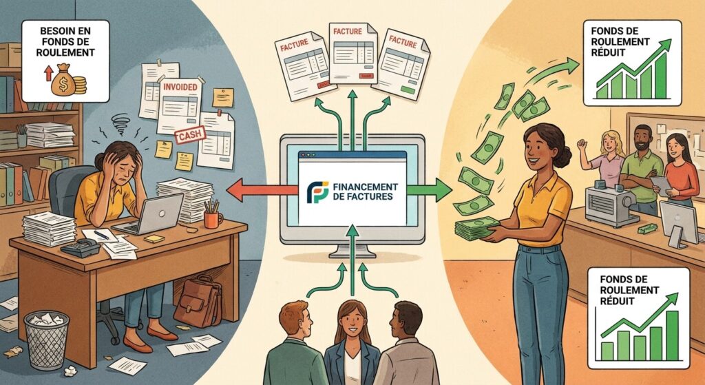 Illustration du financement de factures pour les petites entreprises afin de réduire le besoin en fonds de roulement.