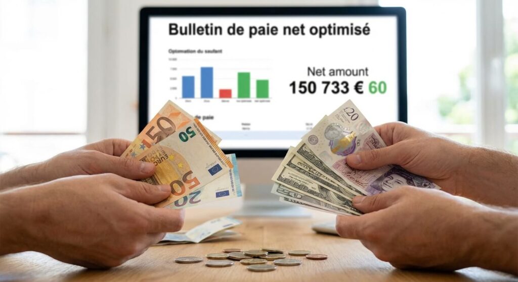 Gros plan sur des mains manipulant différentes devises (Euros, Dollars, Livres) devant un écran affichant un bulletin de paie net optimisé.