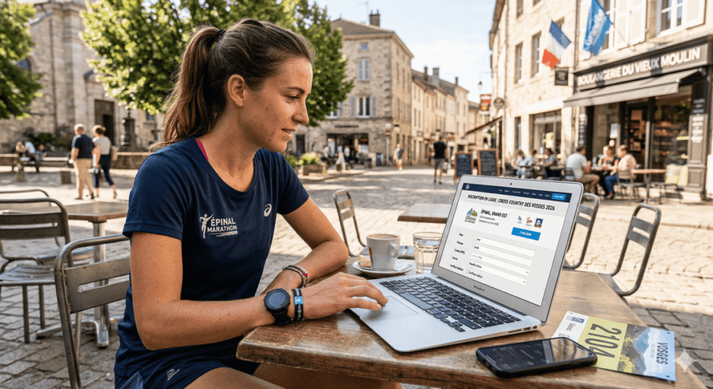 Coureur s'inscrivant en ligne pour une compétition sportive via un ordinateur portable