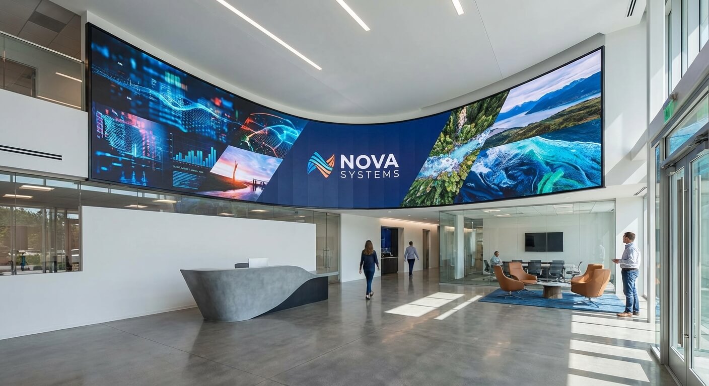 Un grand mur d'image LED installé dans le hall d'accueil d'une entreprise moderne pour valoriser le branding.