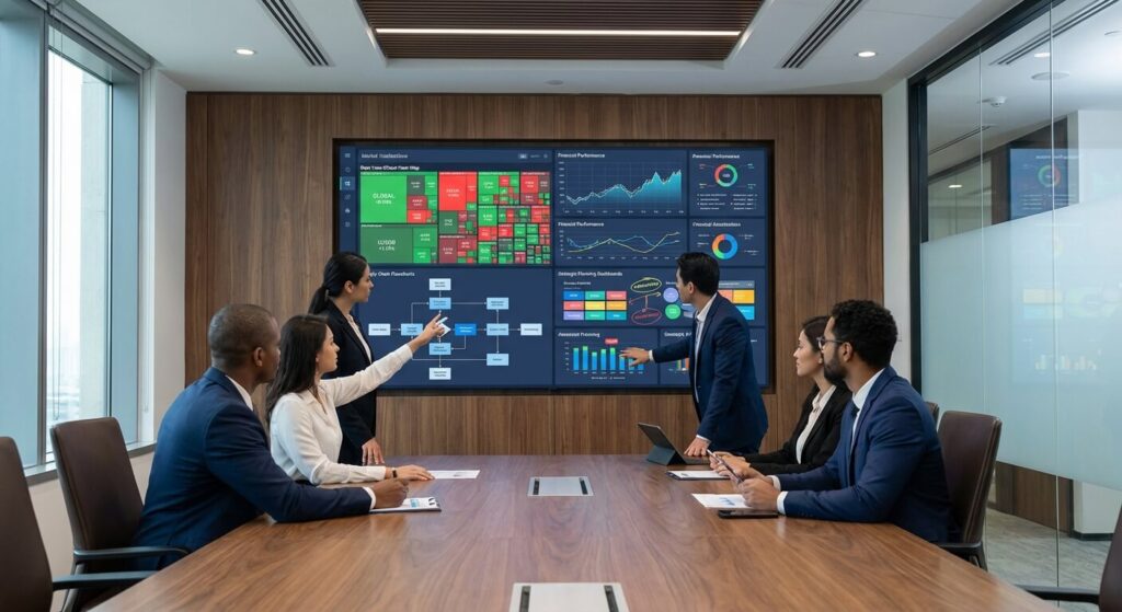 Utilisation d'un mur d'image haute résolution dans une salle de conférence pour l'analyse de données stratégiques.