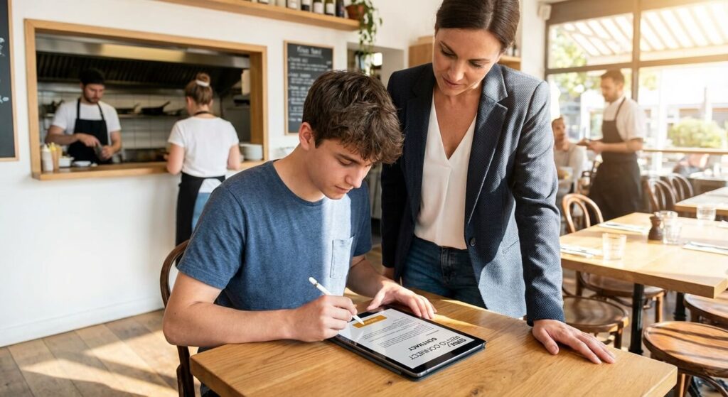 Signature électronique de contrat de travail pour un extra en restauration via une plateforme SIRH.
