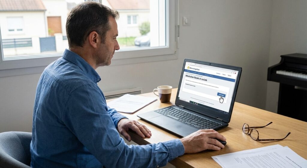 Président d'une SASU connecté sur le portail Net-entreprises pour télécharger son attestation fiscale et sociale
