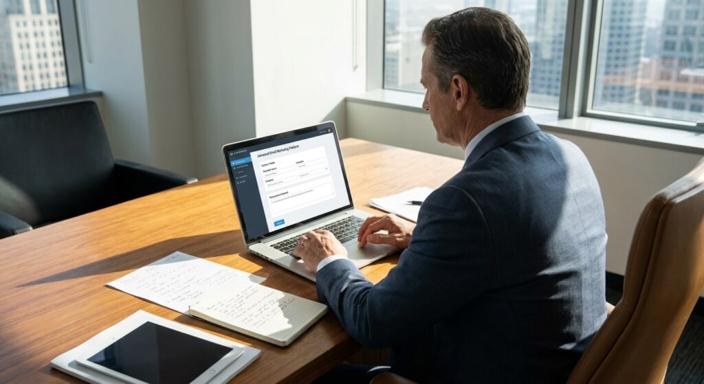 Dirigeant d'entreprise préparant une campagne d'emailing hautement personnalisée pour sa prospection commerciale.