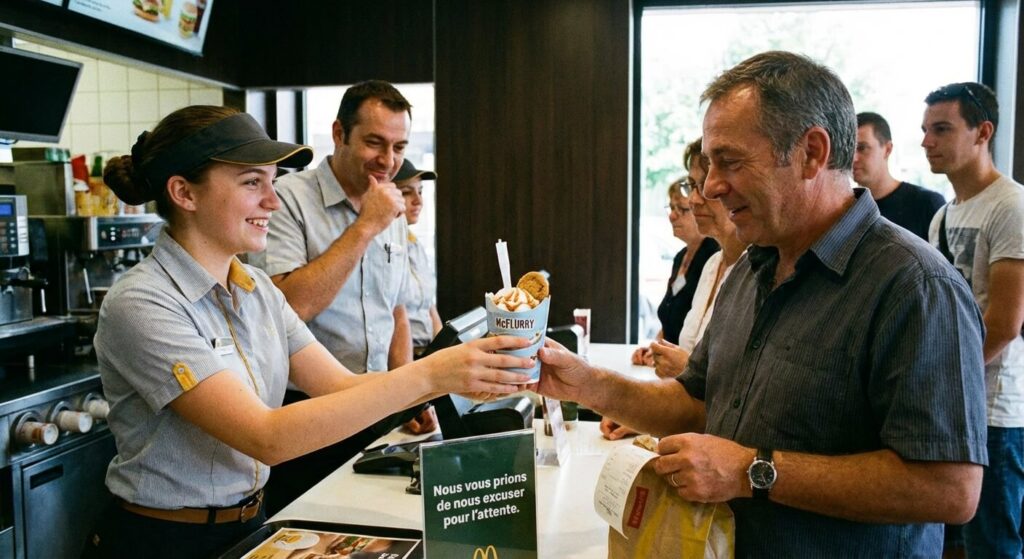 Équipier McDonald's offrant une glace ou une pâtisserie en guise de dédommagement pour un retard