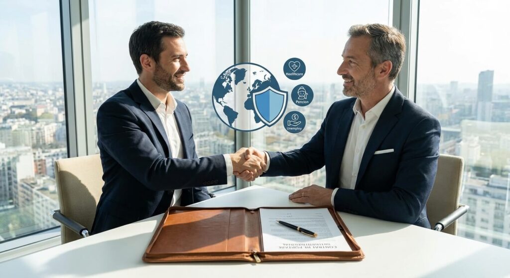 Poignée de main entre un consultant et un conseiller, symbolisant la signature d'un contrat de portage salarial international sécurisé avec maintien des droits sociaux.