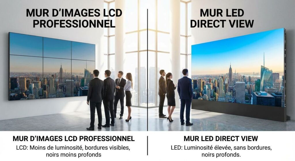 Comparaison visuelle entre la technologie LCD et LED pour un dispositif d'affichage dynamique professionnel.
