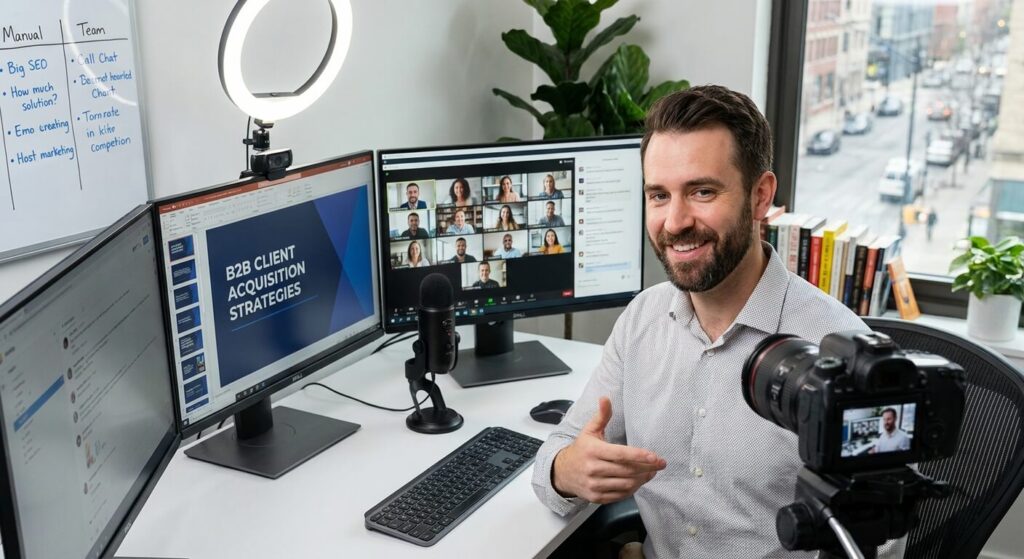 Un expert en marketing animant un webinaire en direct depuis son bureau pour acquérir de nouveaux clients professionnels.