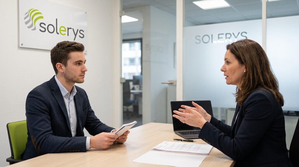 Un demandeur d'emploi en entretien individuel avec un consultant du cabinet Solerys.