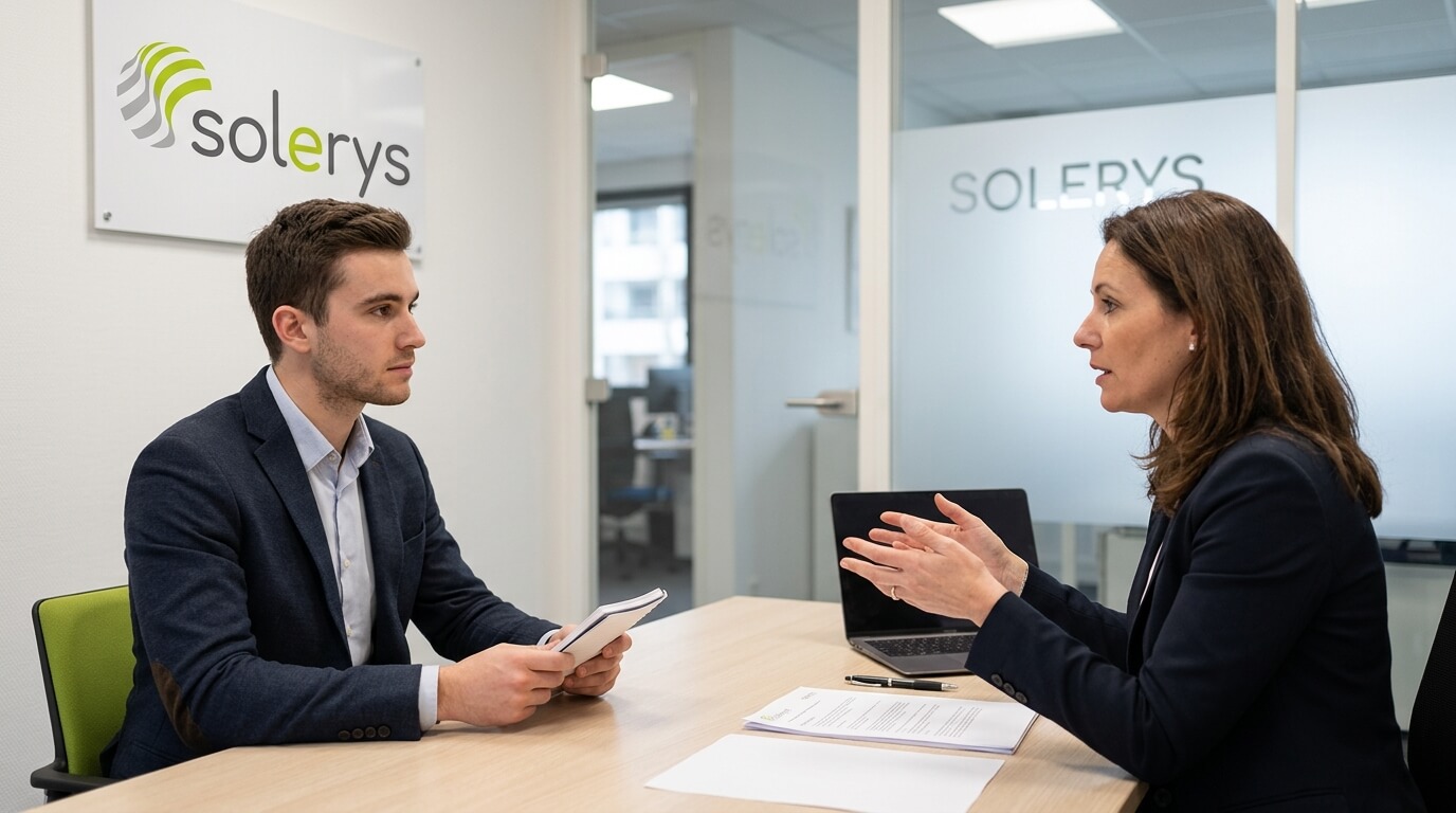 Un demandeur d'emploi en entretien individuel avec un consultant du cabinet Solerys.