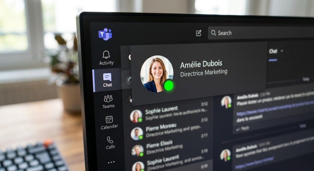 Gros plan sur l'icône de statut "Disponible" (pastille verte) dans l'interface Microsoft Teams.