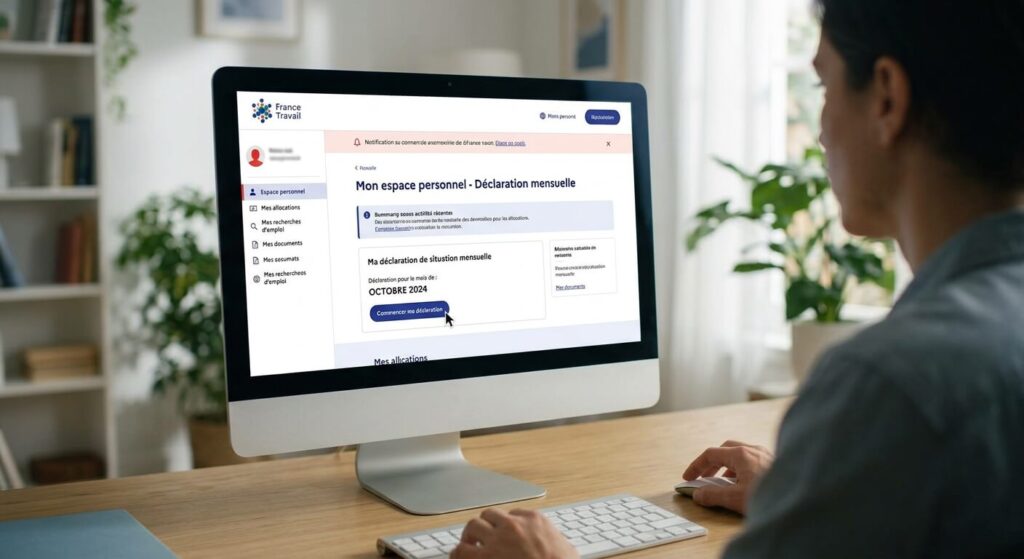 Écran d'accueil de la plateforme France Travail affichant l'espace de déclaration mensuelle.