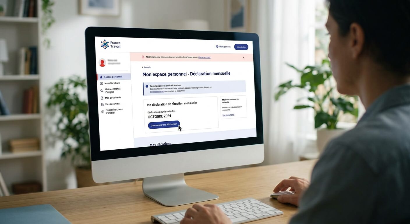Écran d'accueil de la plateforme France Travail affichant l'espace de déclaration mensuelle.
