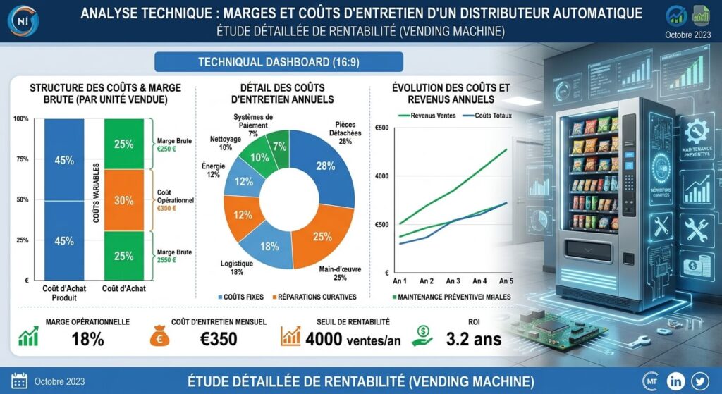 Graphique technique présentant les marges et les coûts d'entretien d'un distributeur automatique.
