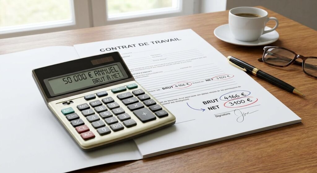Une calculatrice posée sur un contrat de travail pour simuler le passage d'un salaire brut annuel à un salaire net mensuel.