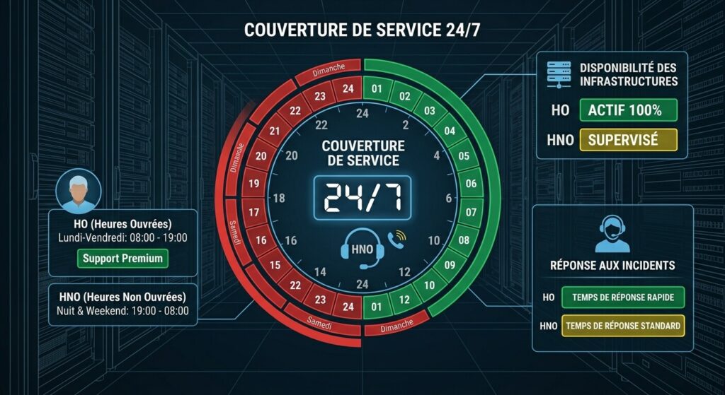Graphique technique illustrant la couverture 24/7 incluant les plages de HNO.