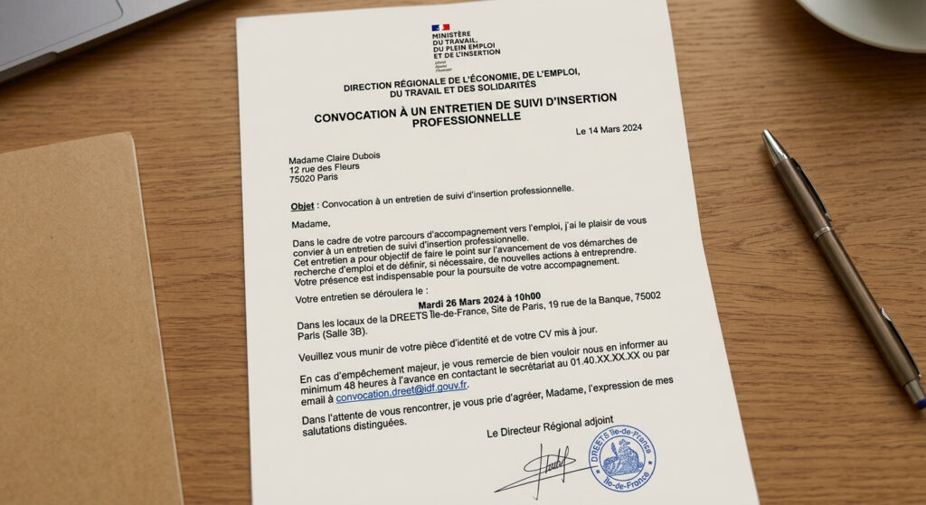 Lettre officielle de convocation pour un entretien de suivi d'insertion professionnelle.