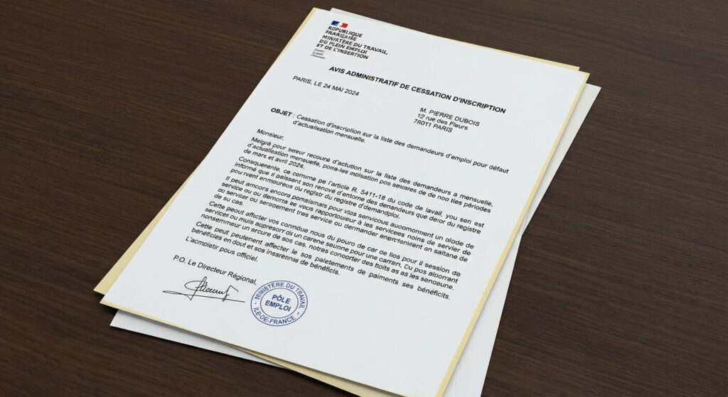 Avis administratif de cessation d'inscription pour défaut d'actualisation mensuelle.