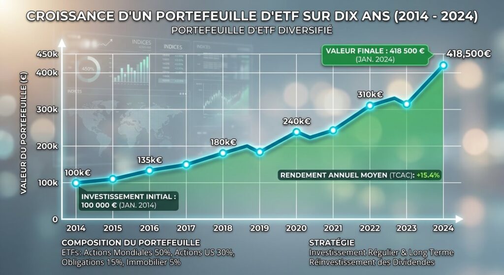 Graphique boursier ascendant illustrant la croissance d'un portefeuille d'ETF sur une période de dix ans.