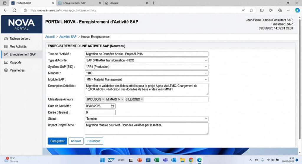 Capture d'écran technique du portail NOVA pour l'enregistrement d'une activité de SAP.